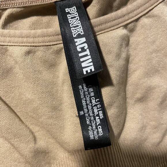 Victoria's Secret Pink Active Sports Bra Large Seamless Beige Ribbed Logo Tan - Picture 2 of 6